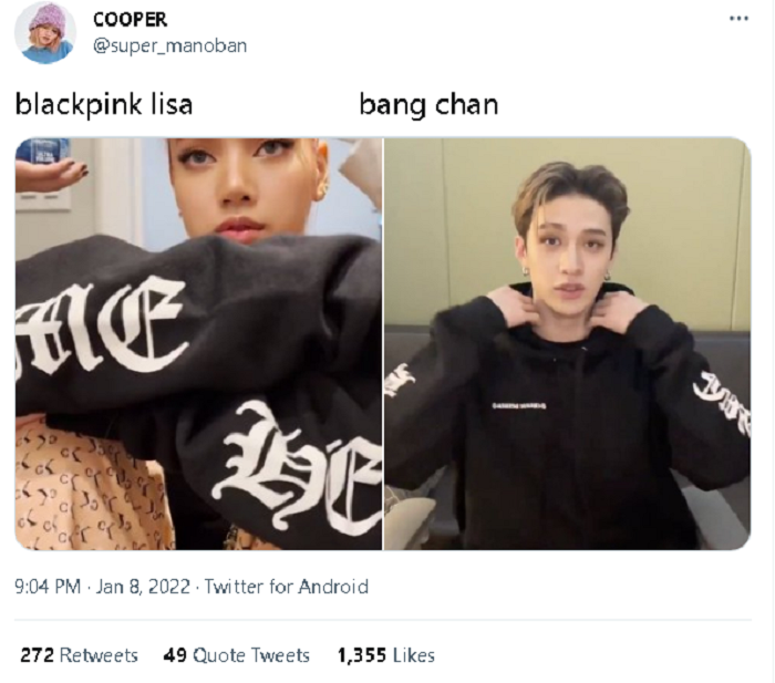 Bang Chan dan Lisa memiliki hoodie yang sama. /Tangkapan layar Twitter @super_Manoban