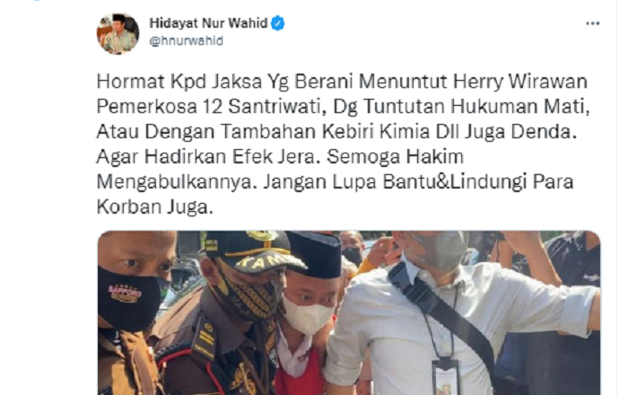 Wakil Ketua MPR RI Hidayat Nur Wahid memberikan komentar soal hukuman mati dan kebiri kimia dalam kasus Herry Wirawan.*