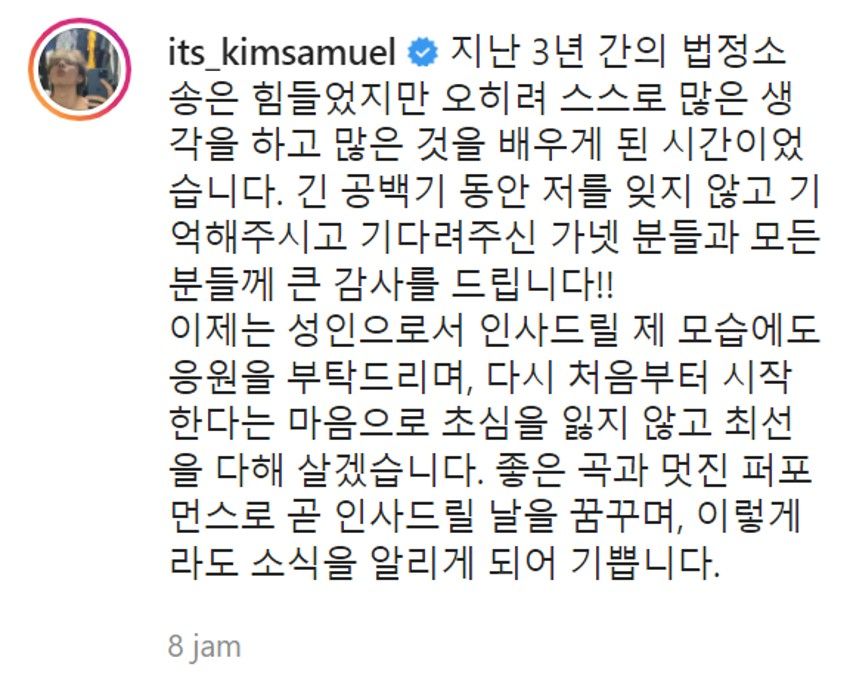 Pernyataan yang dibagikan Kim Samuel di Instagramnya 