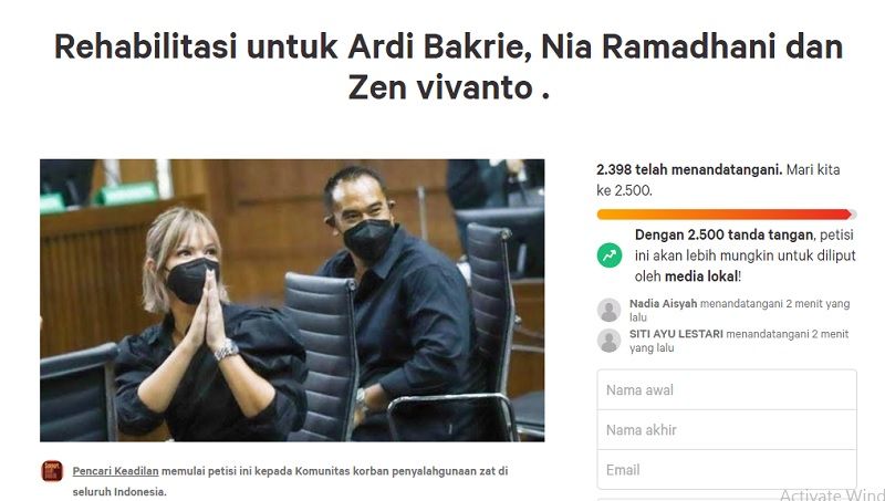 Petisi untuk rehabilitasi Nia Ramadhani, Ardi Bakrie, dan Zen Vivanto.