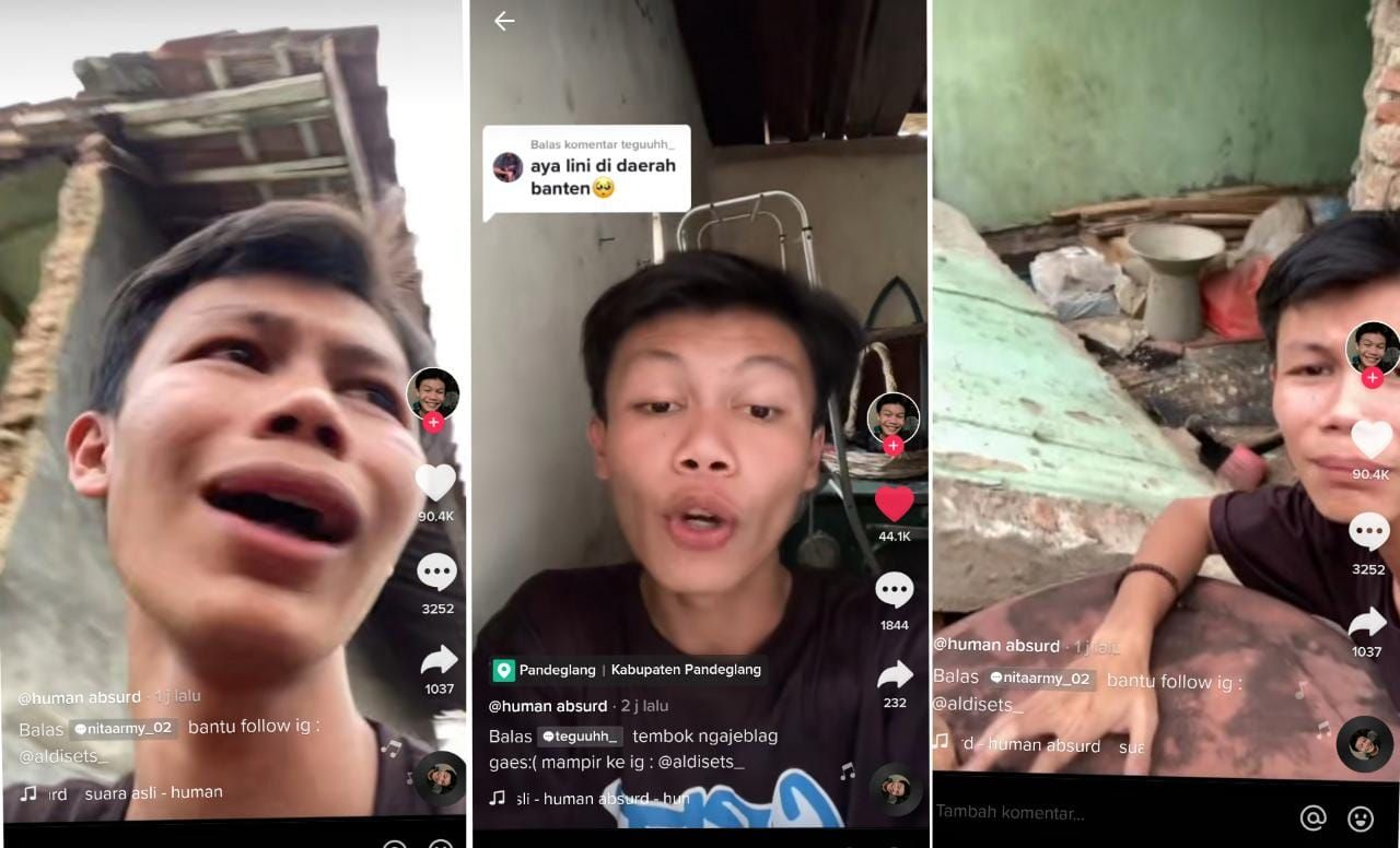 Seleb TikTok Aldi Setiawan dalam sebuah video memperlihatkan kondisi tembok rumahnya ambruk akibat gempa bumi berkekuatan 6,7 Magnitudo di Kabupaten Pandeglang, Banten, Jumat 14 Januari 2022. 