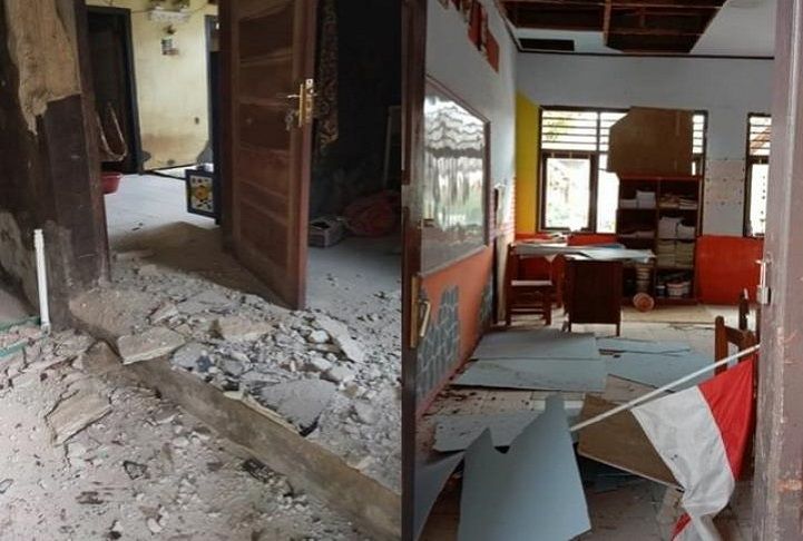 Kolase foto bangunan sekolah dan bangunan rumah di Kabupaten Pandeglang rusak akibat gempa bumi magnitudo 6,7, Jumat 14 Januari 2022.