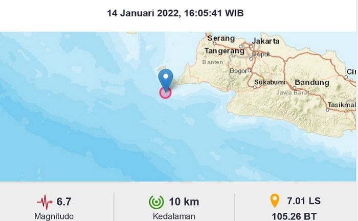 Gempa bumi magnitudo 6,7 terjadi di Sumur, Banten, 14 Januari 2022