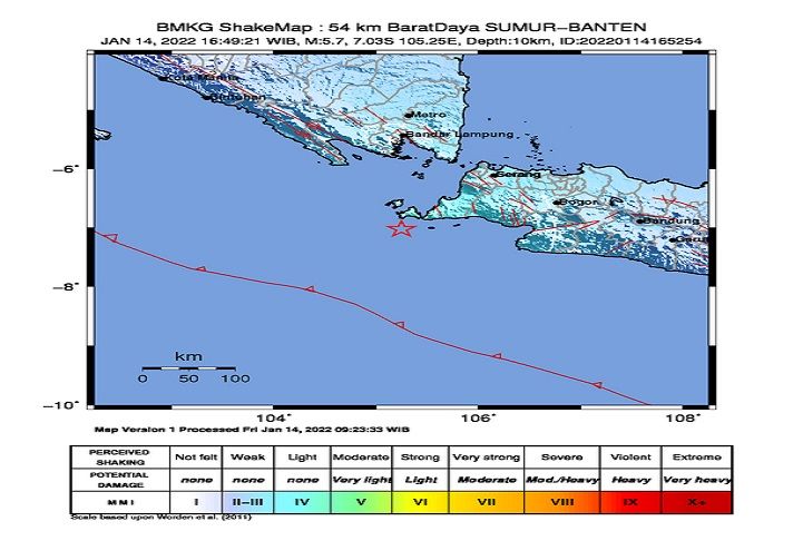 Lokasi gempa bumi di Banten, Jumat 14 Januari 2022.