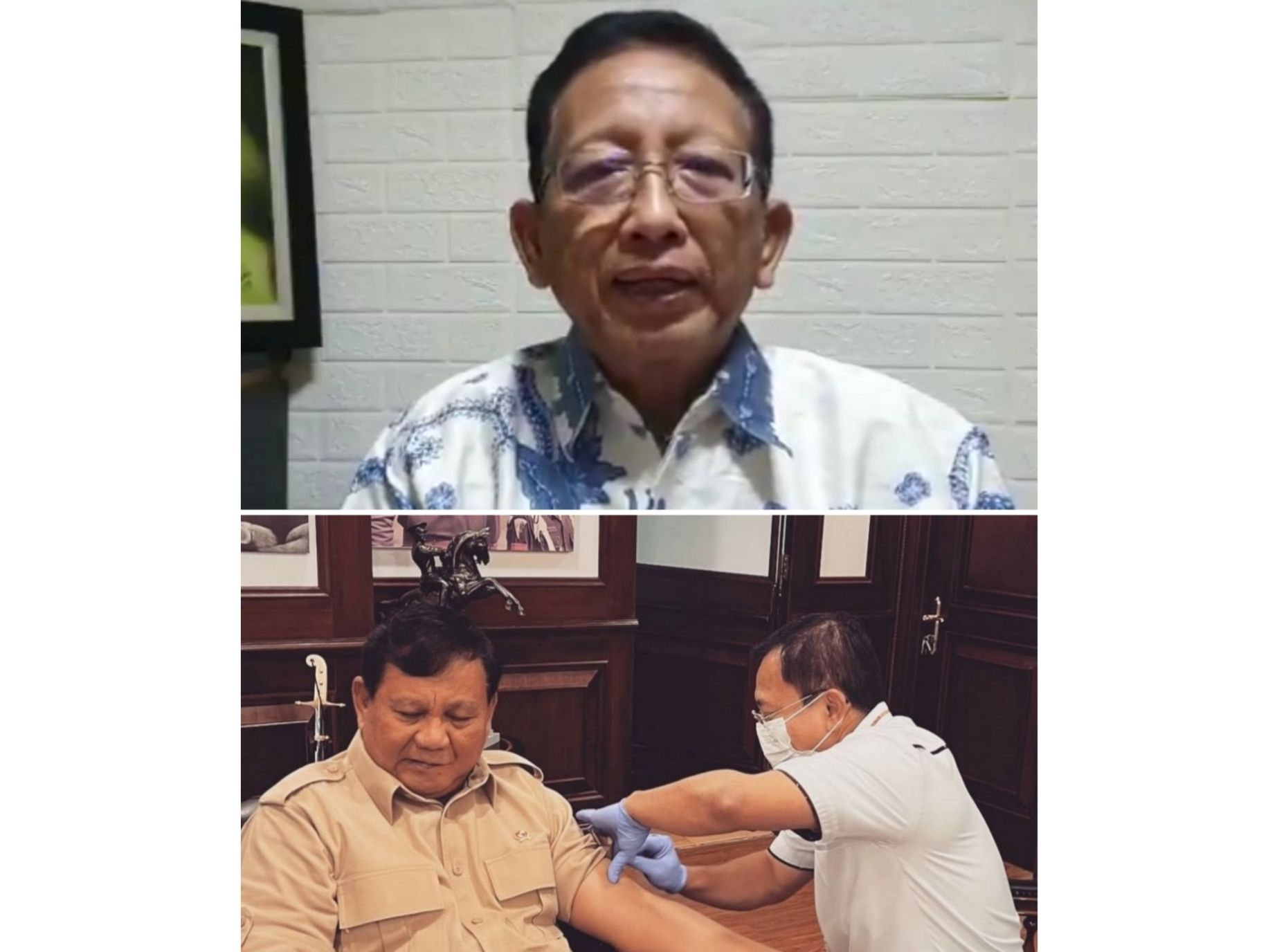 Kolase foto Profesor Zubairi Djoerban dan Prabowo yang tengah disuntik vaksin Nusantara oleh Terawa.