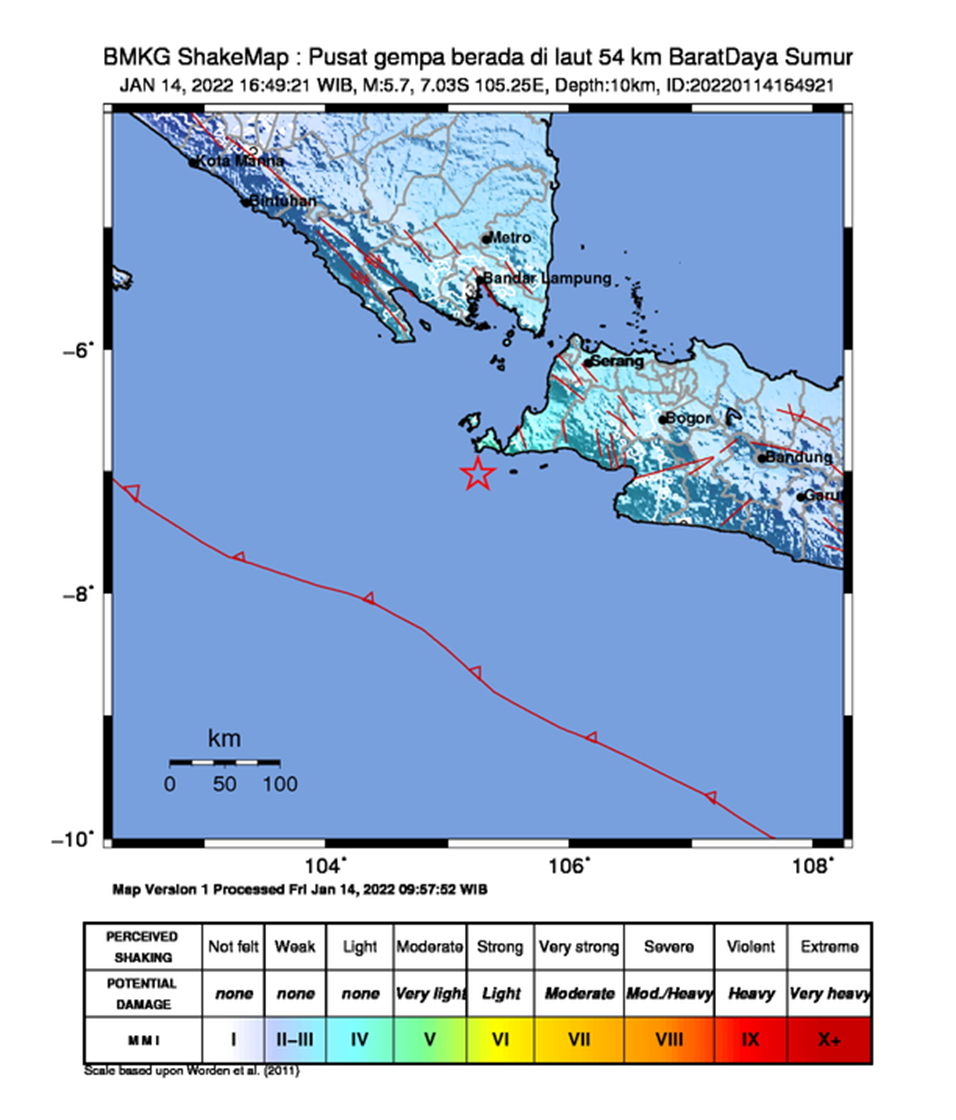 Foto Lokasi Gempa Tektonik di Perairan arah Barat Daya Provinsi Banten Sore tadi, 14 Januari 2022