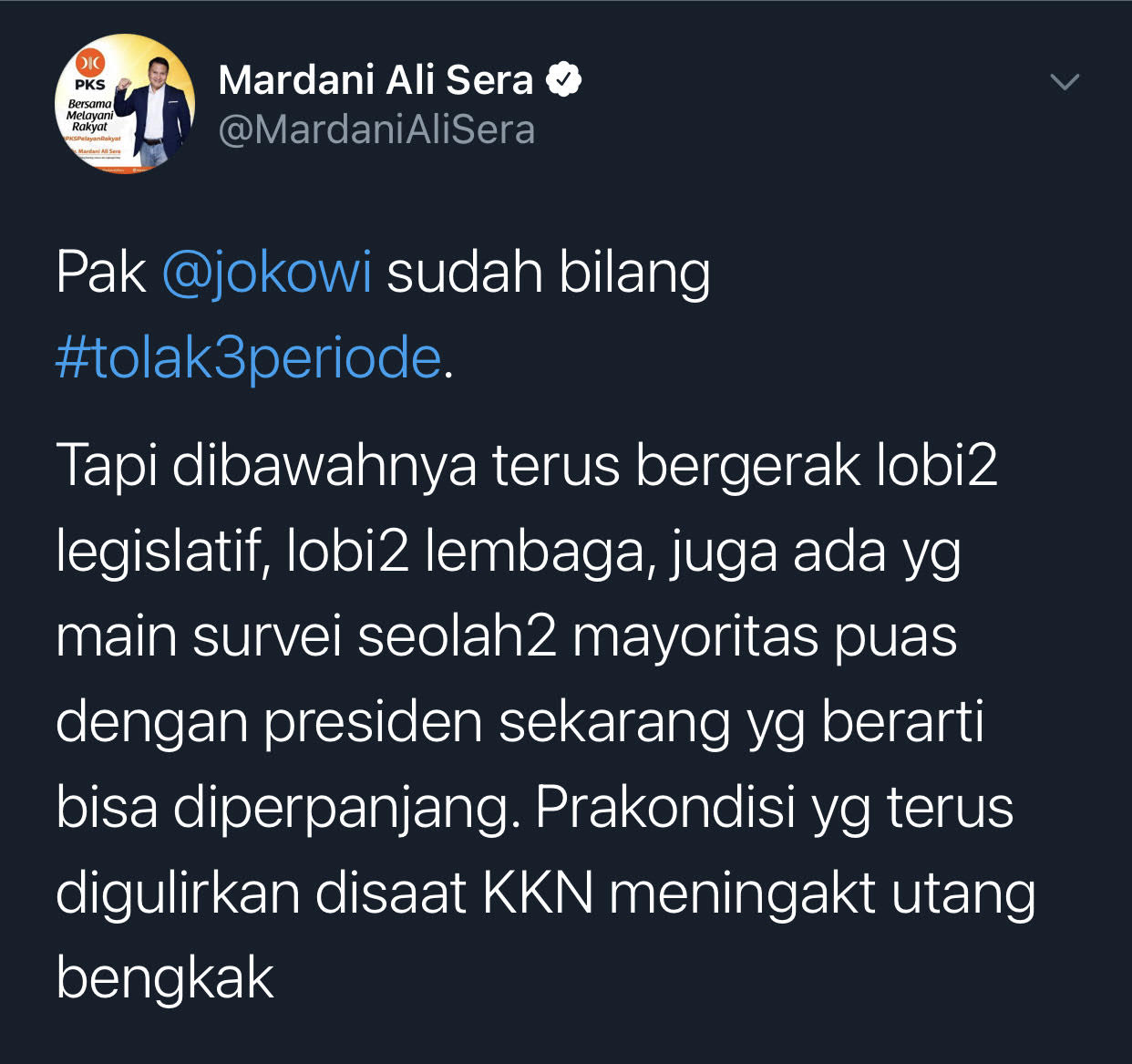 Cuitan Mardani Ali soal wacana presiden tiga periode yang telah ditolak Joko Widodo (Jokowi).