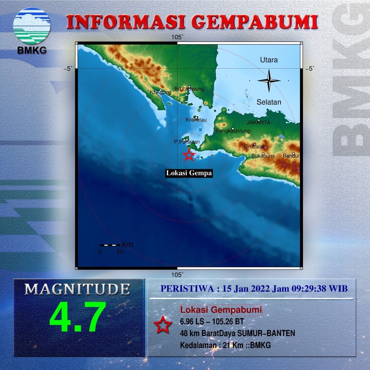 Gempa bumi 4,7 M di Sumur, Banten terjadi pada hari ini, pukul 09.29 WIB.