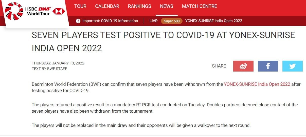 Pernyataan BWF tentang hasil tes pemain di India Open 2022