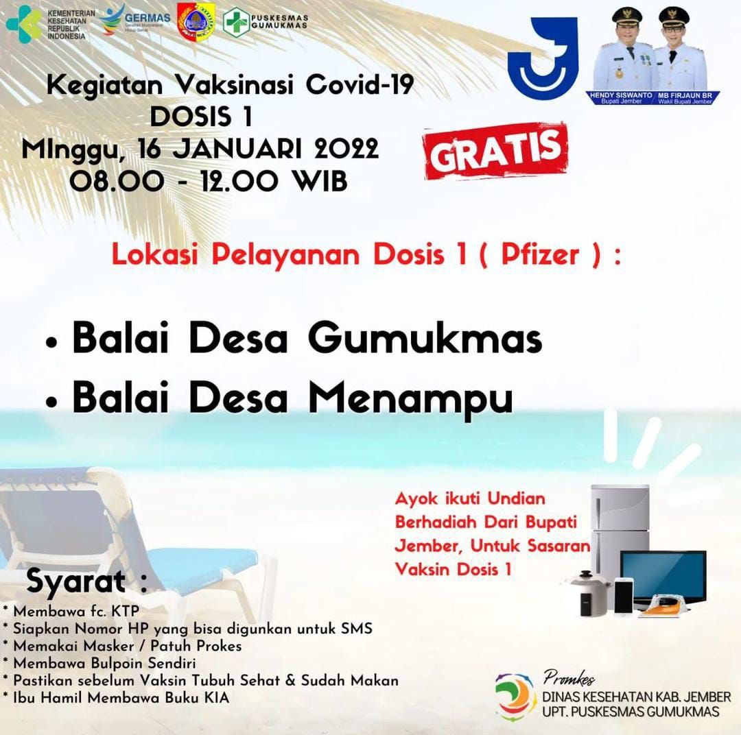 Info vaksinasi Covid-19 Minggu, 16 Januari 2022 di Puskesmas Gumukmas, Jember, Jawa Timur jenis Pfizer dosis 1.