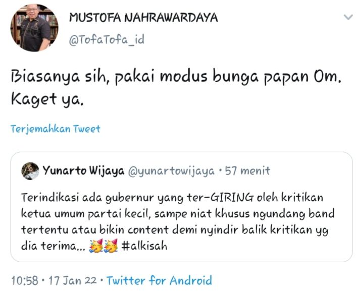 Cuitan Mustofa Nahrawardaya soal Yunarto Wijaya singgung gubernur yang ter-Giring kritikan ketum partai kecil.