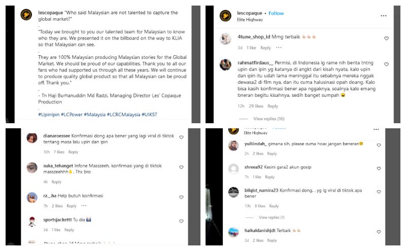 Warganet menyerbu Instagram Les Copaque terkait kabar viral Upin Ipin meninggal.