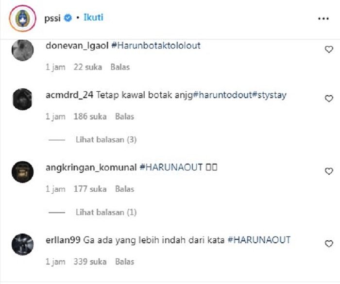 Kolom komentar akun Instagram PSSI yang dibanjiri dengan tagar 'HarunaOut'