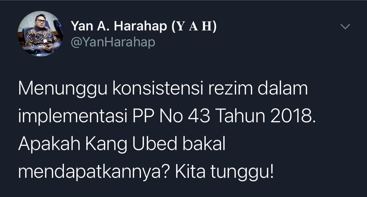Cuitan Yan Harahap menyinggung soal PP No 43 yang sempat diteken Jokowi saat menyoroti laporan Ubedilah Badrun terhadap Gibran dan Kaesang.