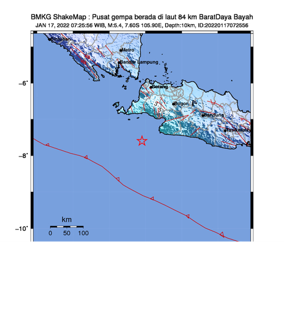 Foto  Lokasi Gempa Tektonik di Perairan Samudera India dekat Bayah, Propinsi Banten, pagi ini(17/1). (Sumber : BMKG)