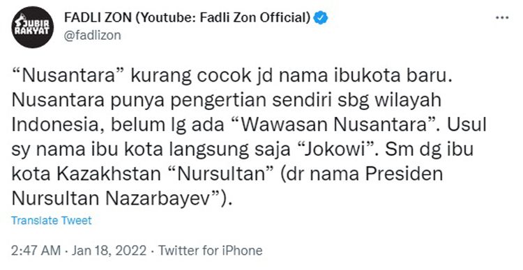 Fadli Zon Sarankan 'Jokowi' Sebagai Nama Ibukota Baru Indonesia: 'Nusantara' Kurang Cocok. 