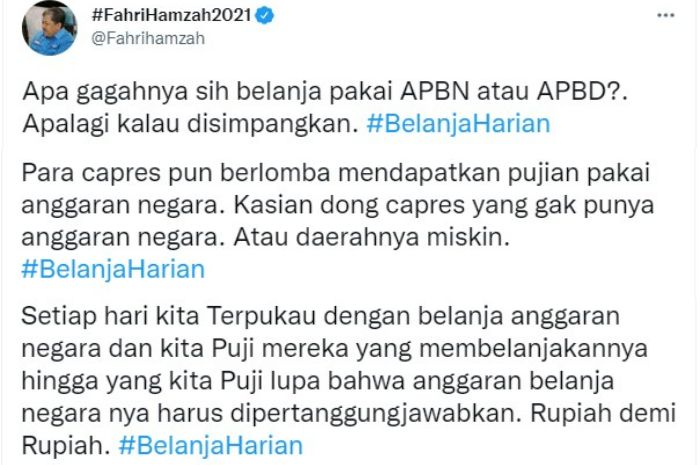 Wakil Ketua Umum Partai Gelora Fahri Hamzah menyentil sosok capres yang bangga menggunakan anggaran negara.*