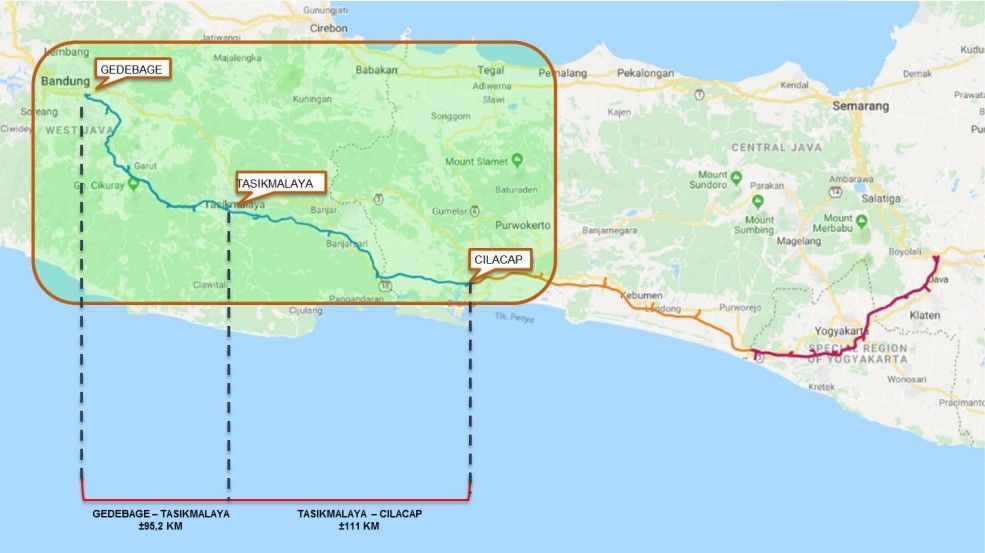 Ilustrasi peta rute jalan tol Gedebage - Garut - Tasikmalaya yang dulu disebut Cigatas . Jalan tol yang akan nyambung sampai ke Cilacap Jawa Tengah ini mulai dikerjakan pekan depan atau akhir Januari 2022 ini
