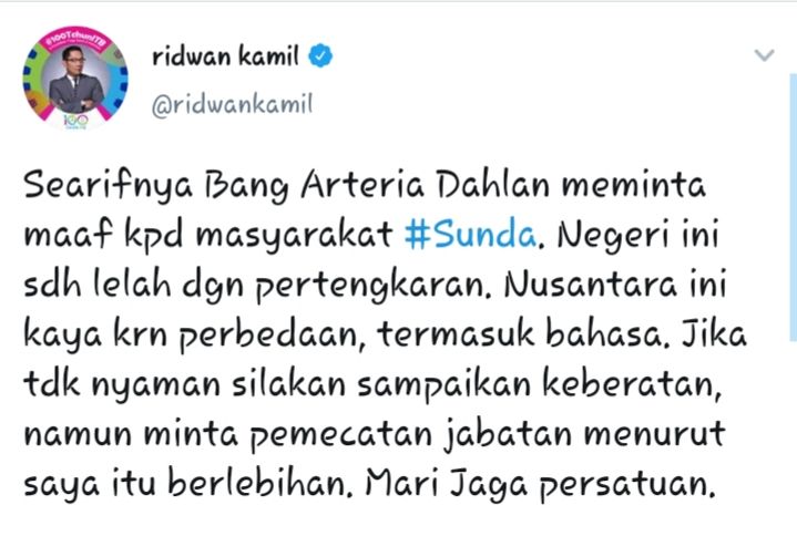 Cuitan Ridwan Kamil soal kritik Arteria Dahlan kepada Kajati yang gunakan bahasa Sunda dalam sebuah rapat.