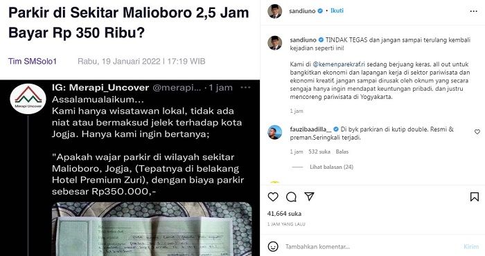 Unggahan dari akun Instagram Sandiaga Uno yang menanggapi tarif parkir di Yogyakarta sampai Rp350 ribu
