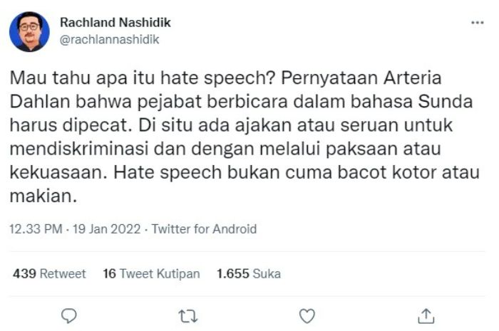 Rachland Nashidik meniai Arteria Dahlan melakukan hate speech.