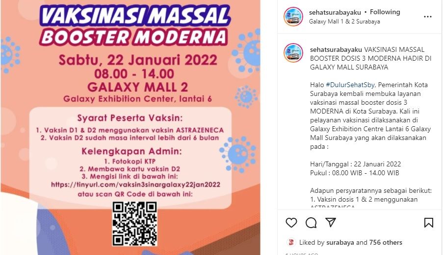 Info Vaksin Booster Massal di Galaxy Mall Surabaya, Sabtu 22 Januari 2022, Daftar Online