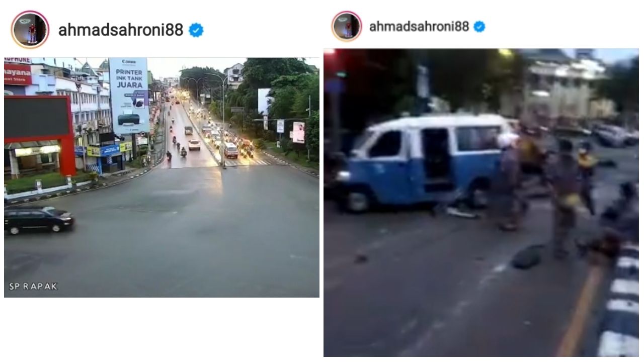 Dua unggahan Ahmad Sahroni yang menunjukkan kondisi saat kecelakaan truk di Balikpapan terjadi, dan sesudahnya.