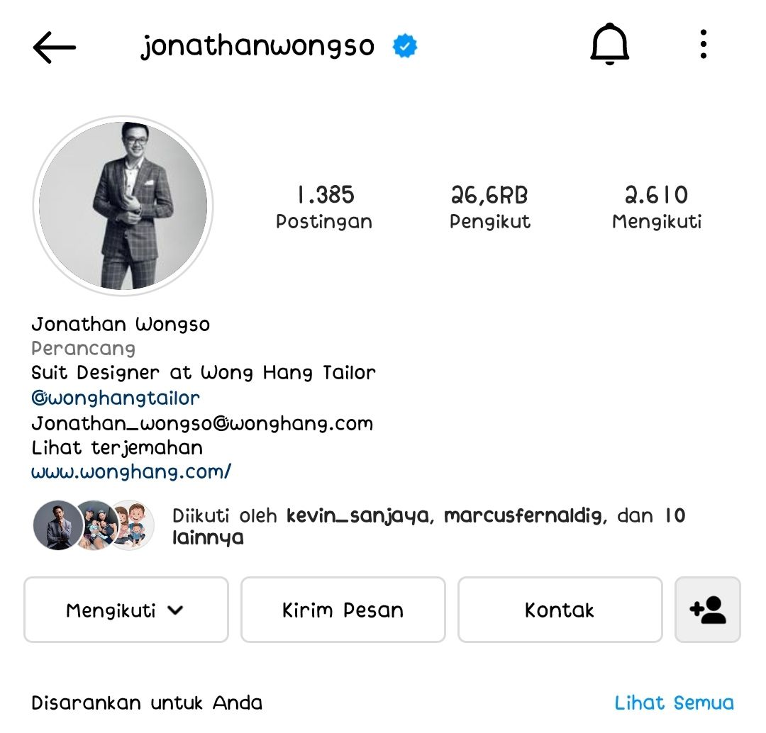 Tampilan provil Jonathan Wongso di Instagram