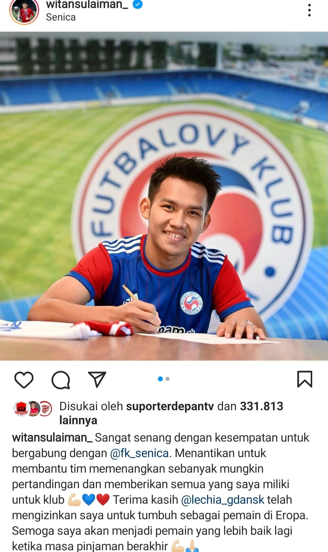 Unggahan Witan saat kontrak dengan FK Senica