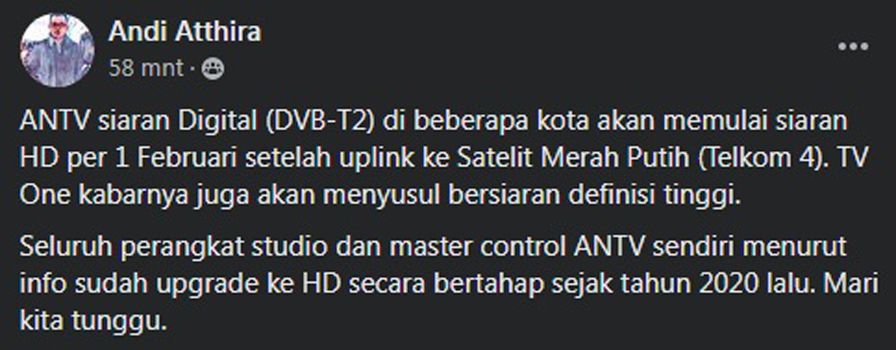 Klaim Andi Atthira Mengenai Informasi ANTV Akan Mengudara dalam Format HD Mulai Februari 2022