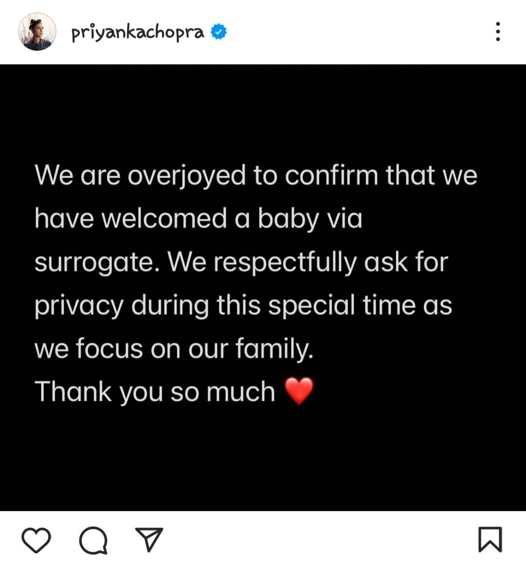 Tangkapan Layar Instagram Priyanka Chopra yang mengumumkan kelahiran bayinya lewat ibu pengganti