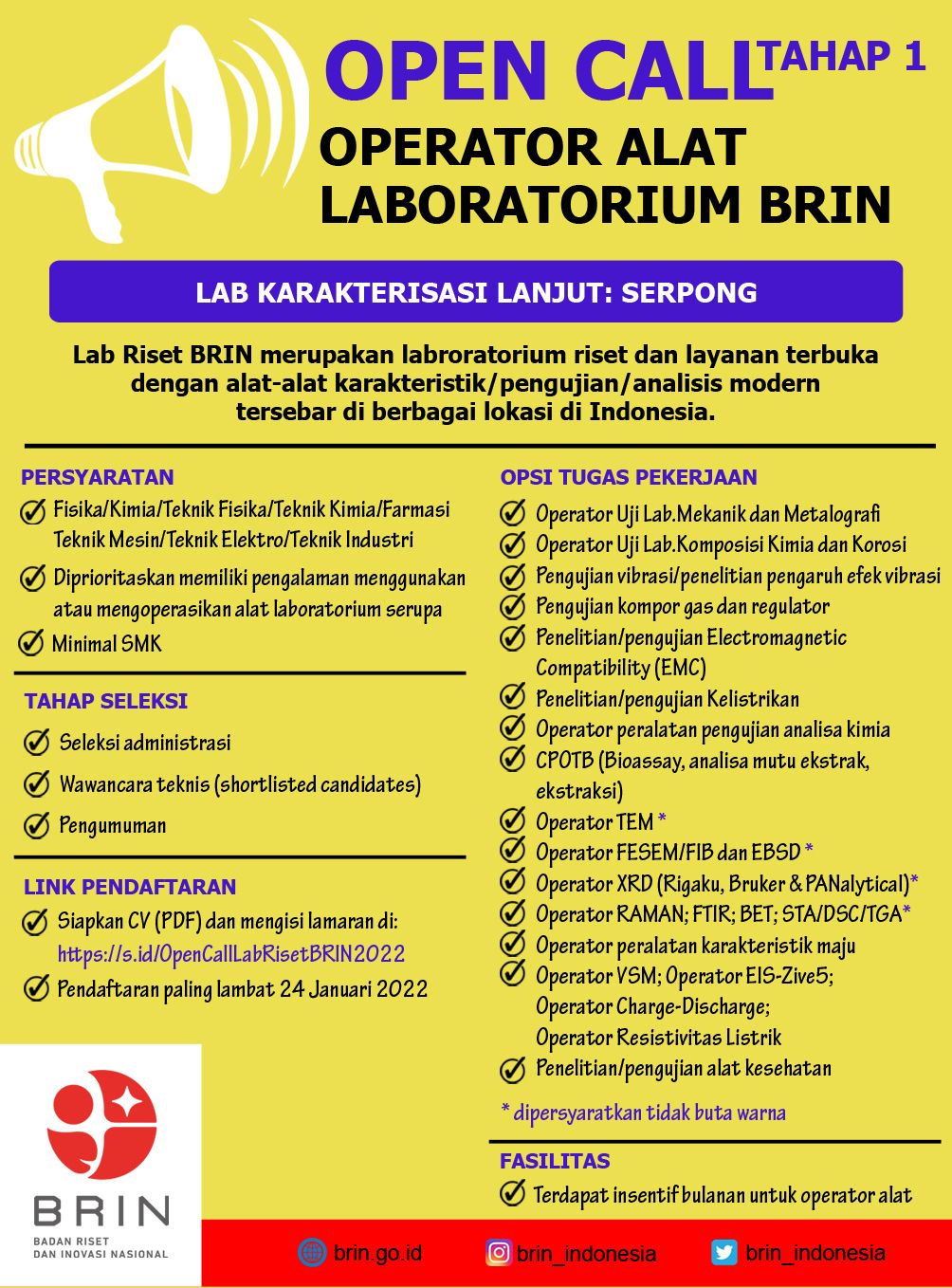 Poster info loker atau lowongan kerja di BRIN sebagai Operator Laboratorium Karakterisasi Lanjut di Serpong.