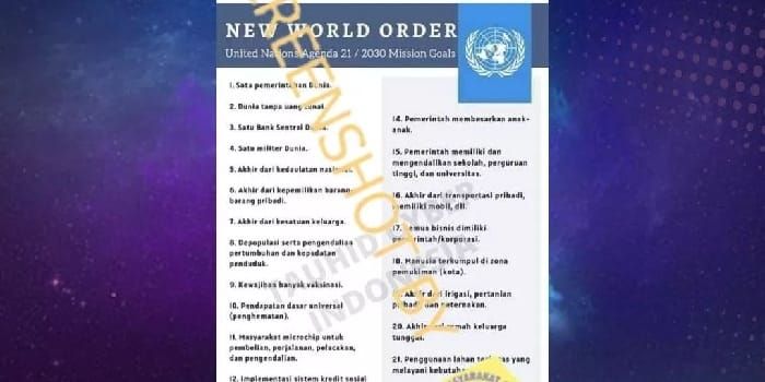 Tangkapan layar informasi hoaks misi 21 PBB yang disertai 23 daftar agendanya untuk mengubah tatanan dunia baru.