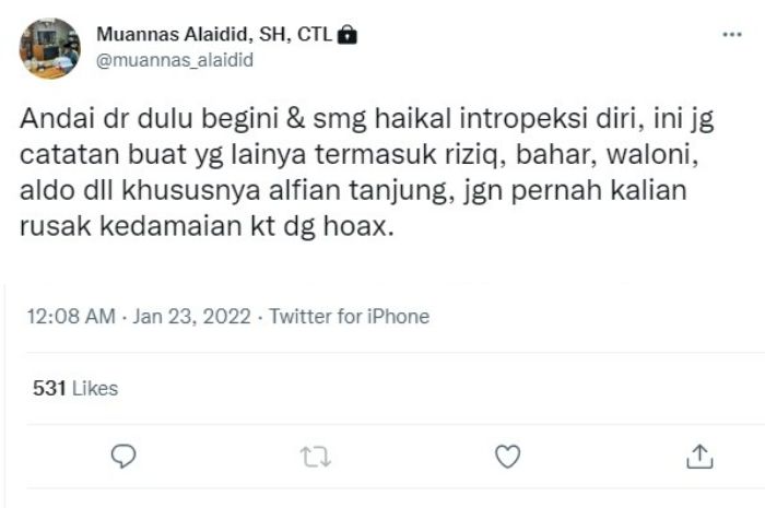 Cuitan Muannas Alaidid yang mengomentari soal pengusiran Haikal Hassan oleh warga Malang.