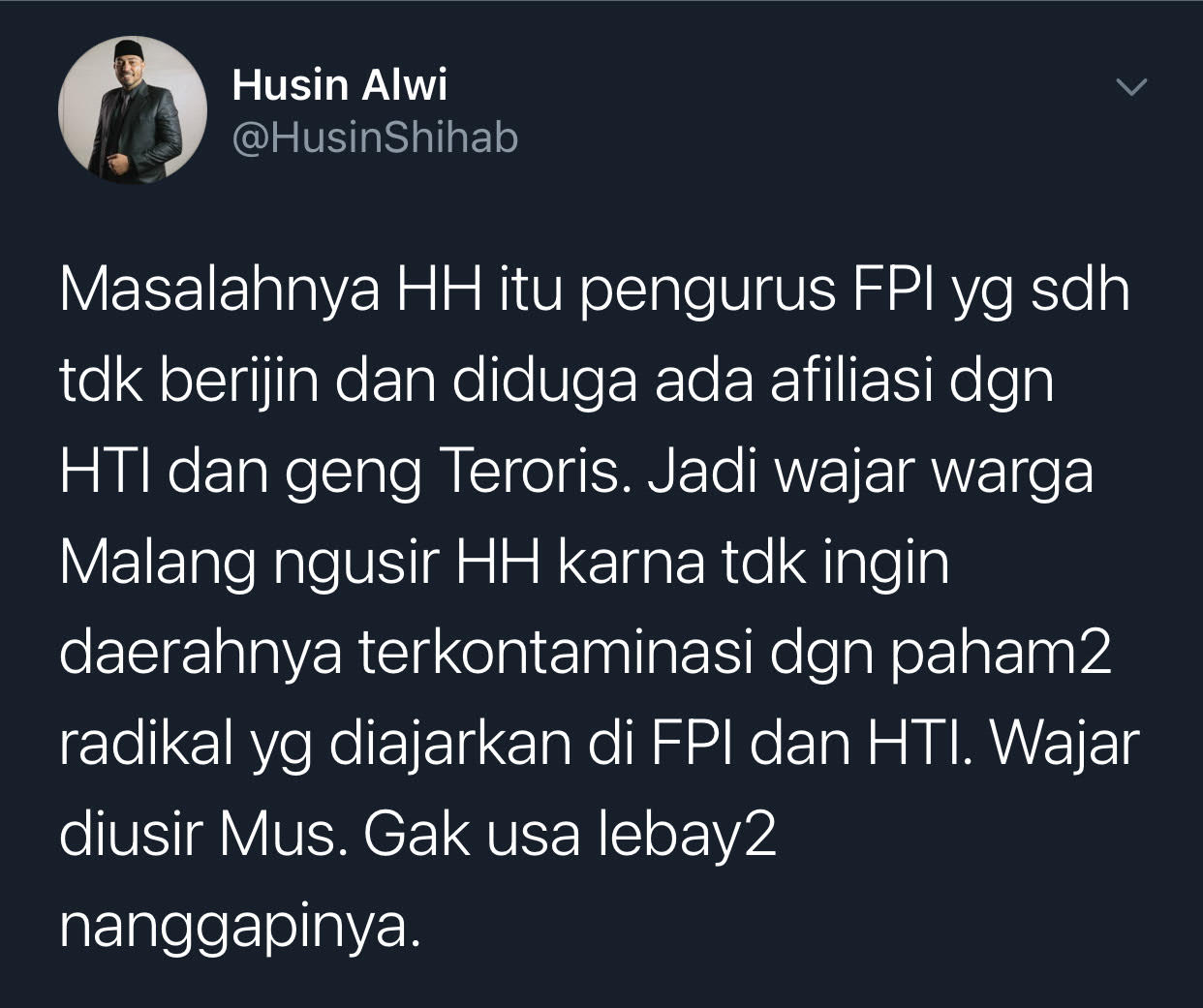 Cuitan Husin Shihab yang menanggapi heboh video Haikal Hassan alami penolakan oleh sejumlah warga di Malang.