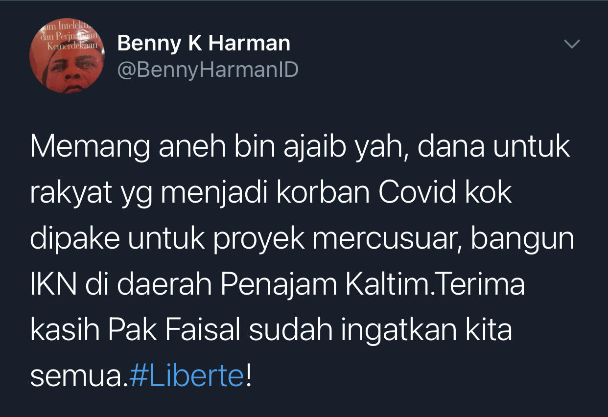 Cuitan Benny Harman soal kabar dana penanganan Covid-19 bakal digunakan untuk proyek IKN Nusantara.