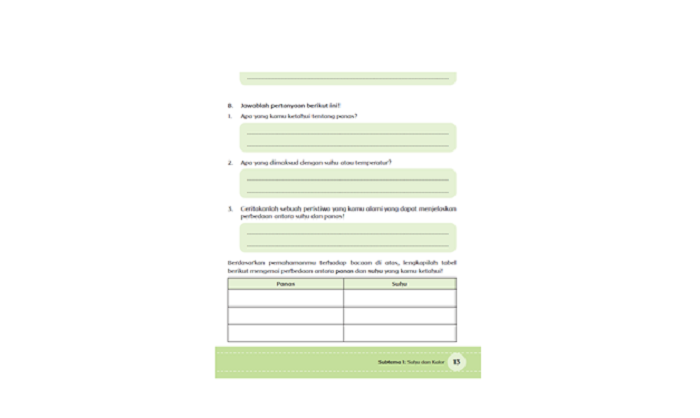 Kunci Jawaban Kelas 5 SD dan MI Halaman 13 Tema 6 Buku Tematik Terpadu Kurikulum 2013 Panas dan Perpindahannya