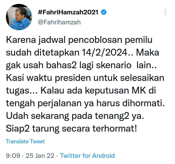 Cuitan Fahri Hamzah soal Pemilu 2024 sudah pasti digelar.