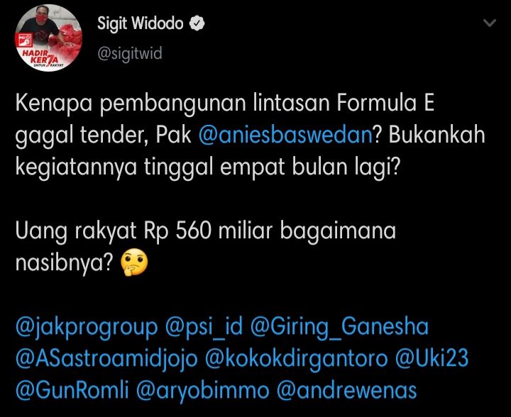Cuitan Sigit Widodo yang mempertanyakan soal tender pembangunan sirkuit Formula E tertulis 'gagal' di situs JakPro.