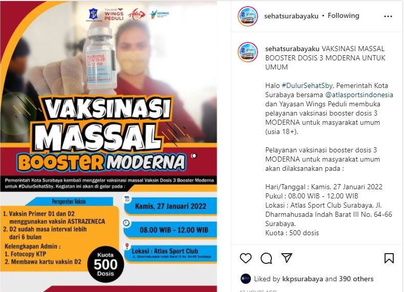 Info Vaksin Booster Dosis 3 di Surabaya, Kamis 27 Januari 2022, Kuota Terbatas, Buruan Daftar