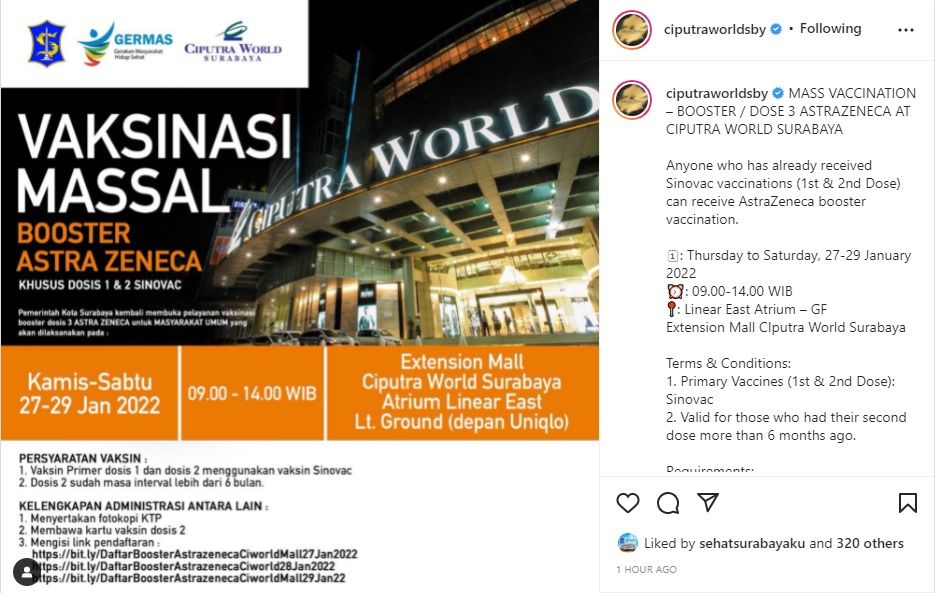 Info Vaksin Booster di Ciputra World Surabaya, Kamis-Sabtu 27-29 Januari 2022, Daftar Online