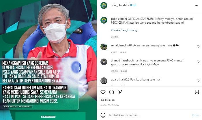 Unggahan akun Instagram resmi PSKC Cimahi yang mengunggah pernyataan ketua umum terkait Sule yang dikabarkan akan membeli klub Cimahi tersebut