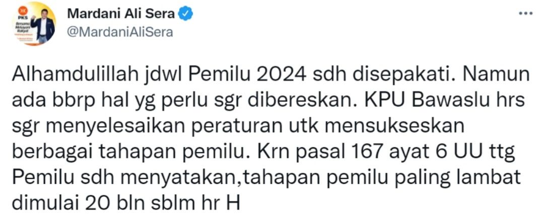 Cuitan Mardani Ali Sera soal Pemilu 2024.