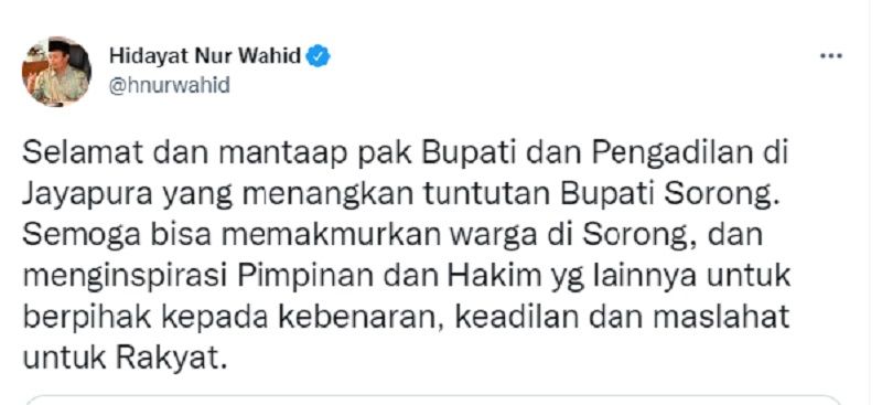 Unggahan Hidayat Nur Wahid di Twitter.