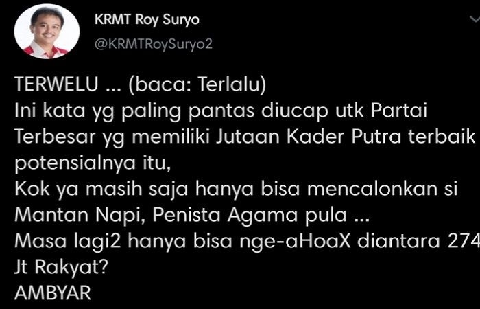 Cuitan Roy Suryo yang komentari soal PDIP akan ajukan Ahok jadi Kepala Otorita IKN Nusantara.