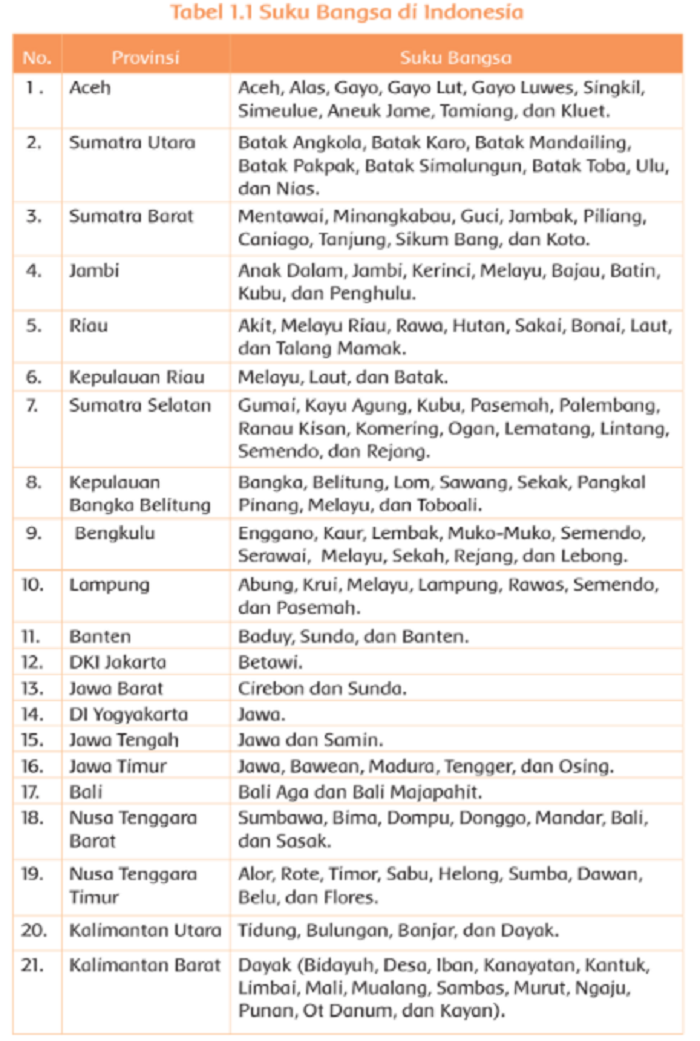 Tabel Keberagaman Suku di Indonesia