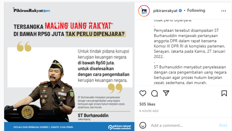 Postingan akun Instagram Pikiran Rakyat yang membagikan postingan ucapan Jaksa Agung. 