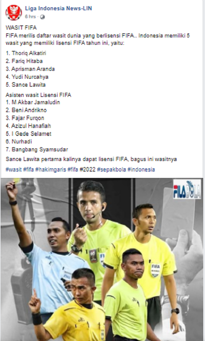 Hasil tangkap layar akun Facebook Liga Indonesia News_N