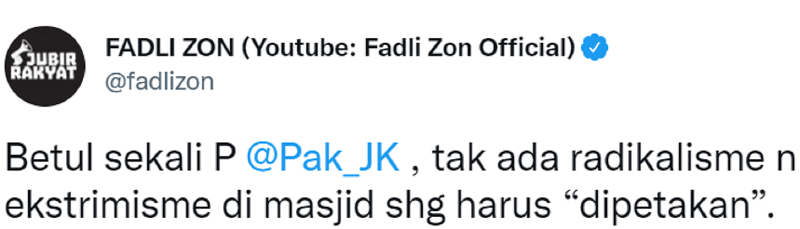 Cuitan Fadli Zon yang setuju dengan pernyataan Jusuf Kalla.