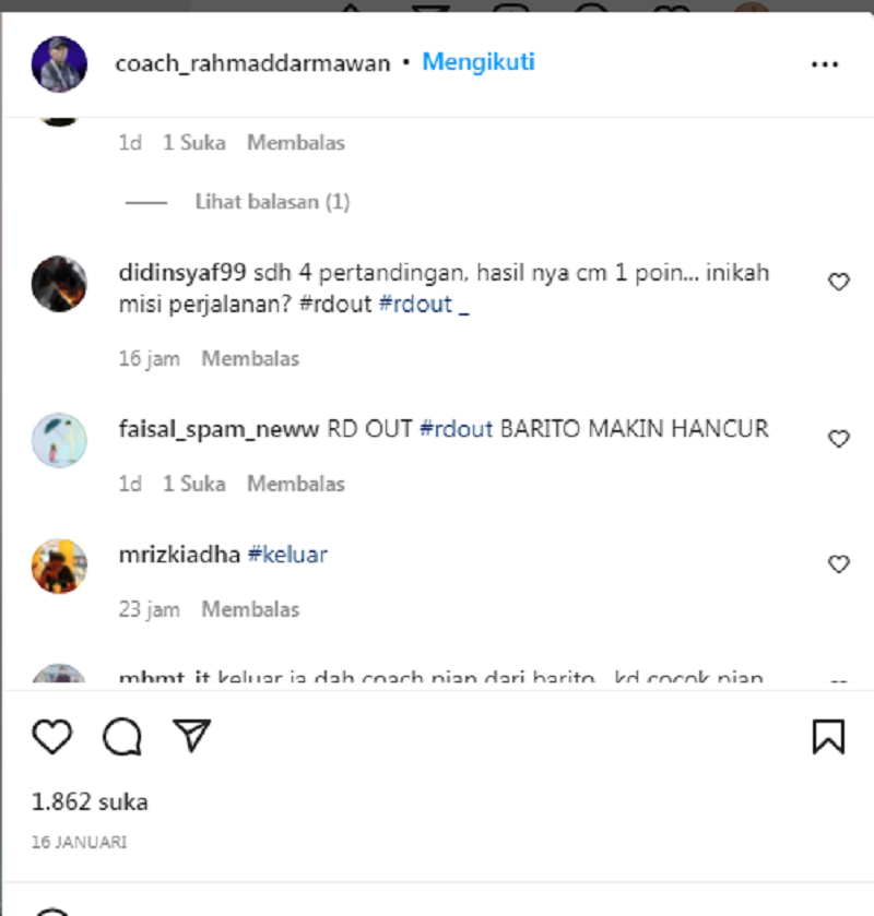 Instagram Rahmad Darmawan Digeruduk Netizen, Kecewa Barito Putera Tak Pernah Menang
